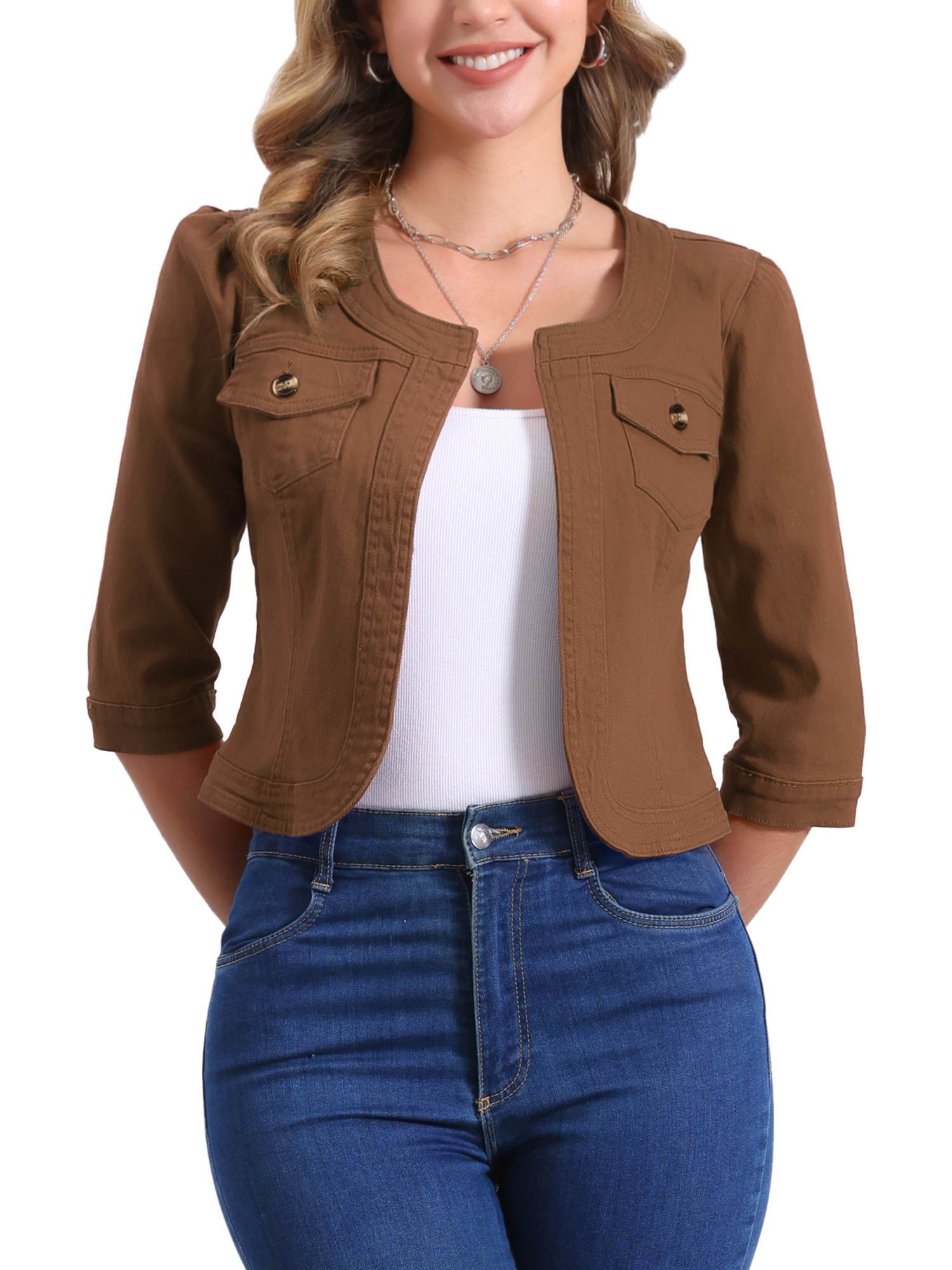 Women's Cropped Denim Open-Front Jacket – Brown option – view 5