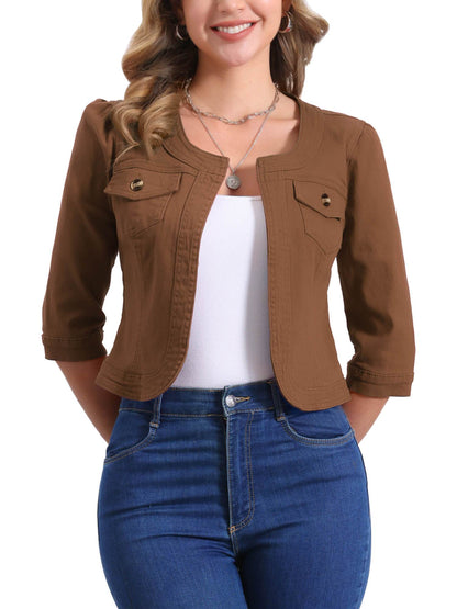 Women's Cropped Denim Open-Front Jacket – Brown option – view 5