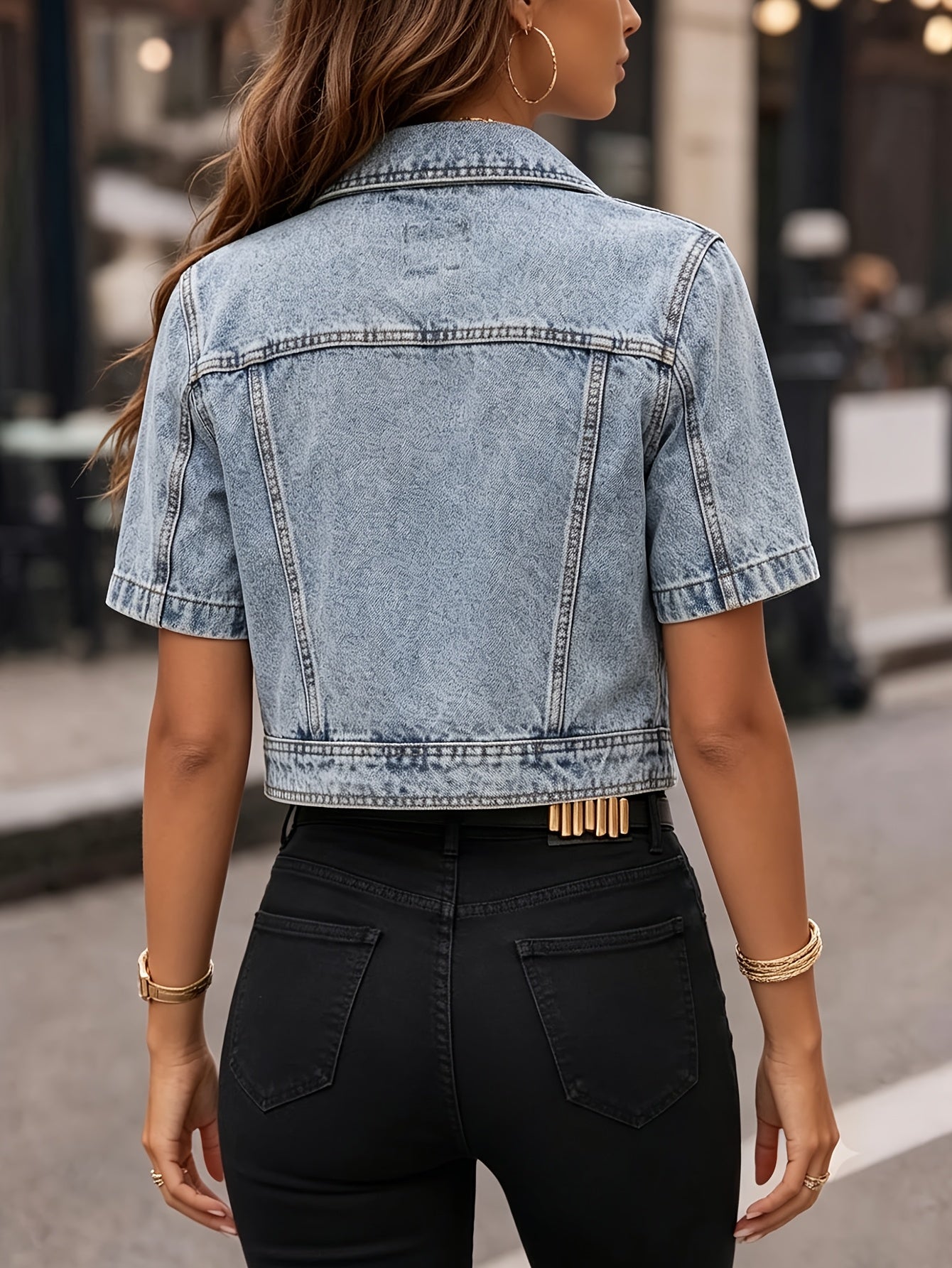 Women's Cropped Denim Pullover Jacket – Deep Blue detail view
