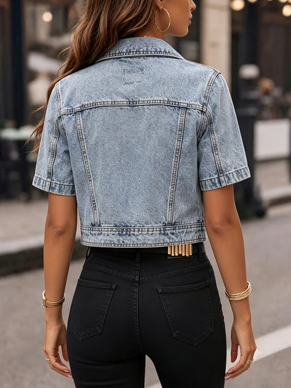Women's Cropped Denim Pullover Jacket – Deep Blue detail view