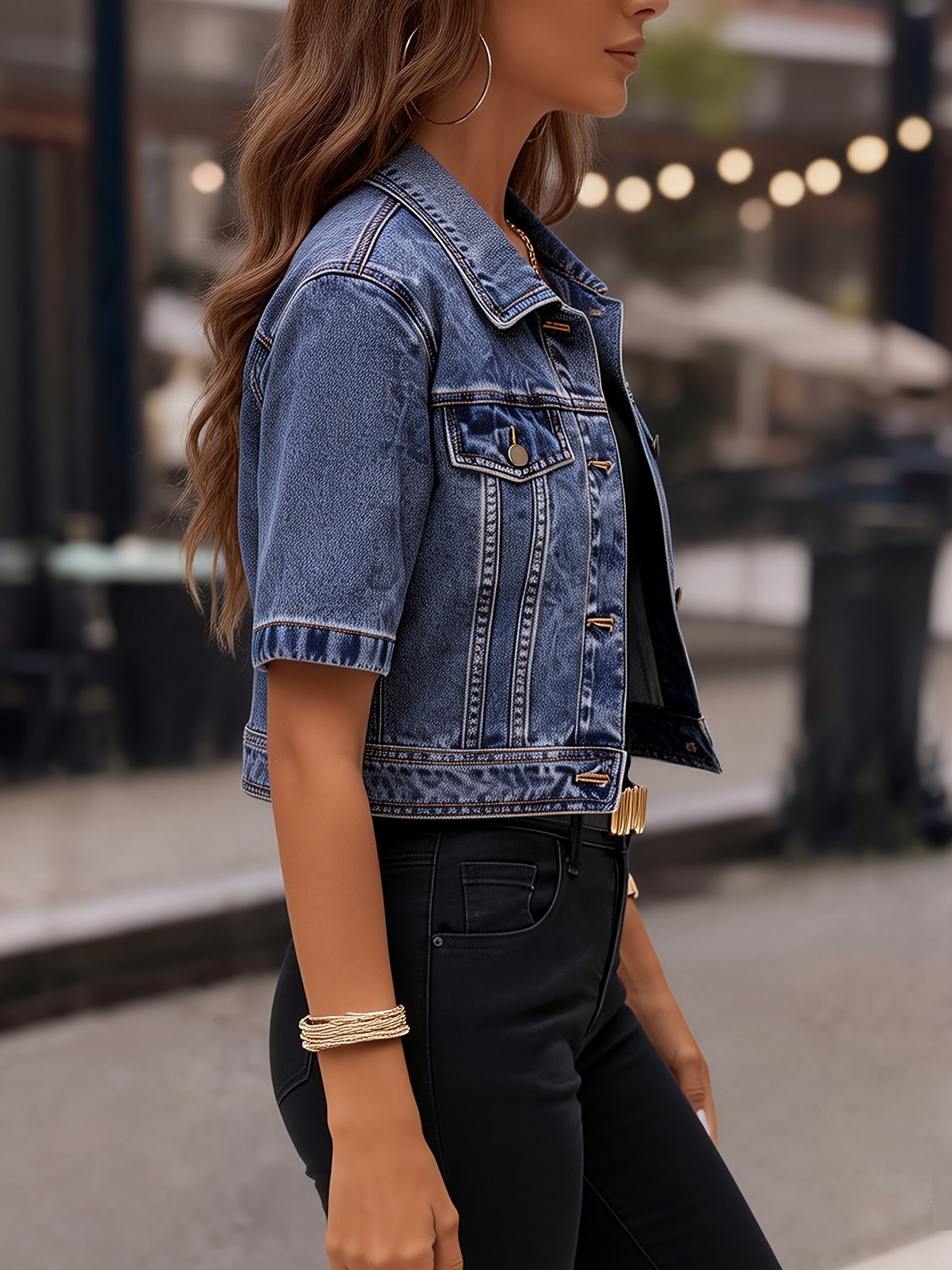 Women's Cropped Denim Pullover Jacket – Deep Blue detail view