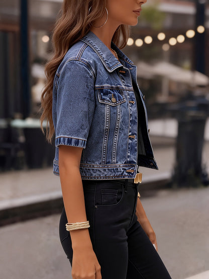 Women's Cropped Denim Pullover Jacket – Deep Blue detail view