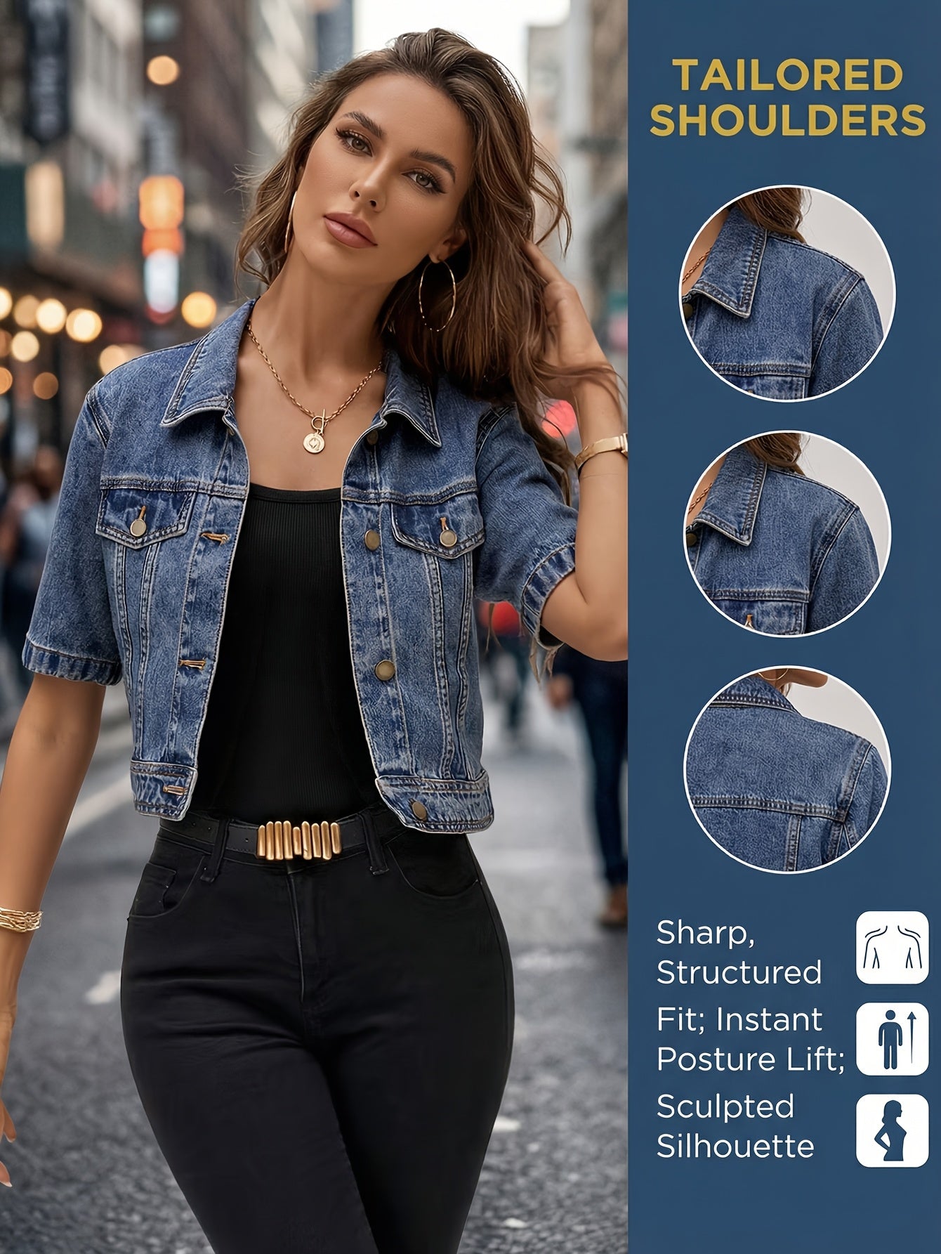 Women's Cropped Denim Pullover Jacket – Deep Blue detail view