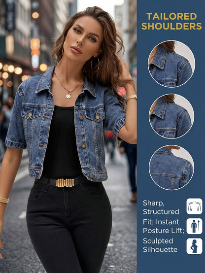 Women's Cropped Denim Pullover Jacket – Deep Blue detail view