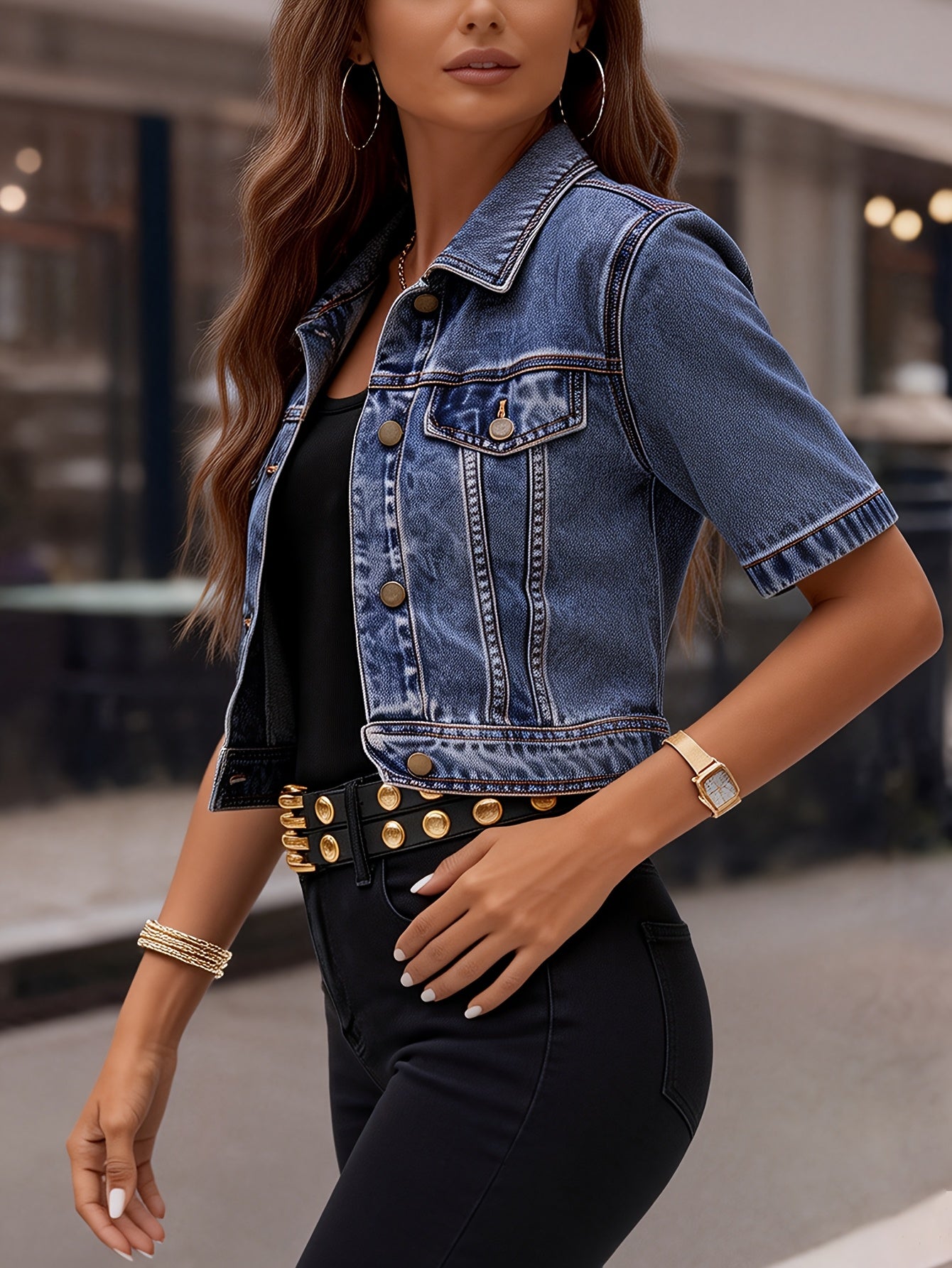Women's Cropped Denim Pullover Jacket – Deep Blue detail view