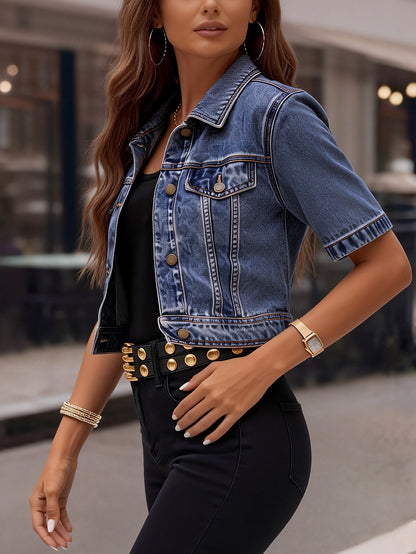 Women's Cropped Denim Pullover Jacket – Deep Blue detail view
