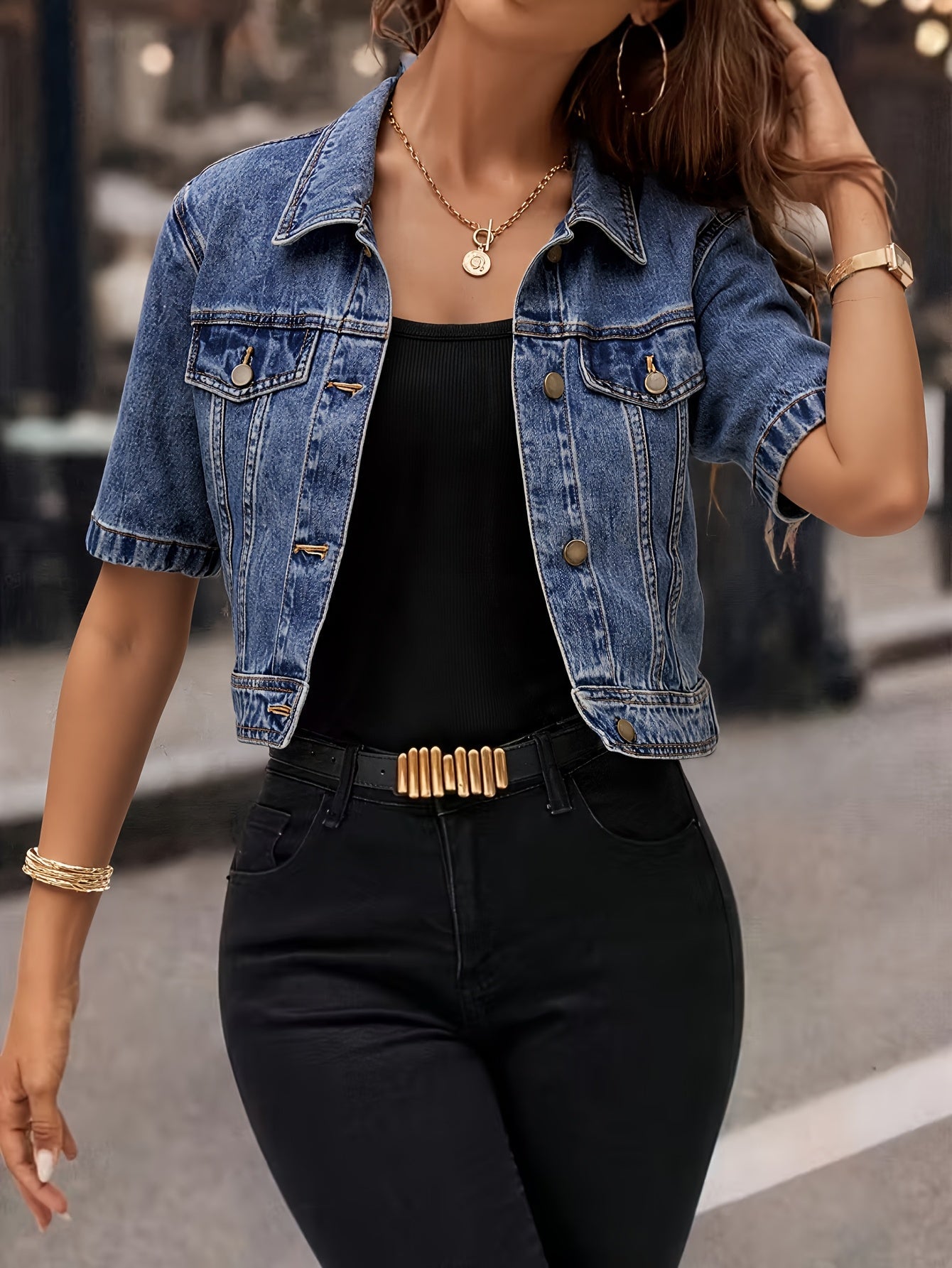 Women's Cropped Denim Pullover Jacket – Deep Blue – Blue option – view 2