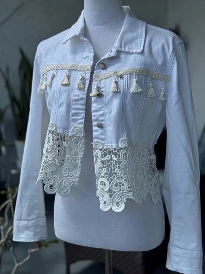 Women's Cropped Denim Pullover Jacket – White detail view