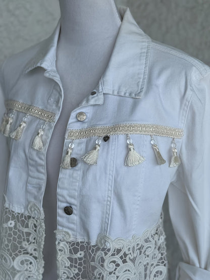Women's Cropped Denim Pullover Jacket – White detail view