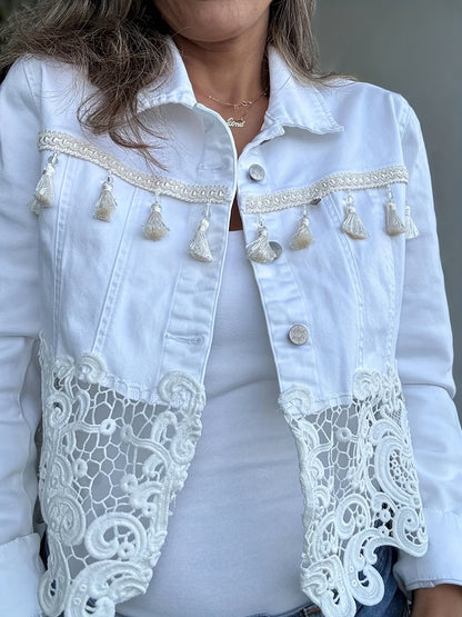 Women's Cropped Denim Pullover Jacket – White detail view