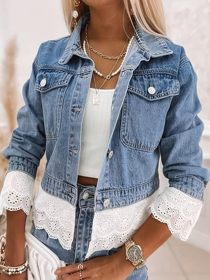 Women's Cropped Denim Single-Breasted Jacket – Blue detail view