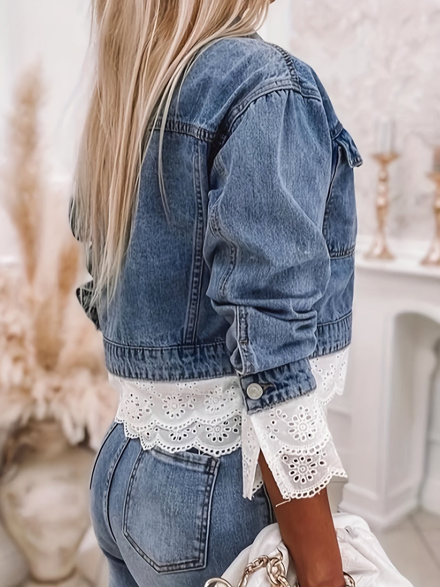 Women's Cropped Denim Single-Breasted Jacket – Blue detail view