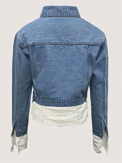 Women's Cropped Denim Single-Breasted Jacket – Blue detail view