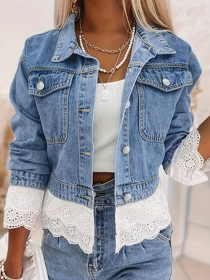Women's Cropped Denim Single-Breasted Jacket – Blue detail view