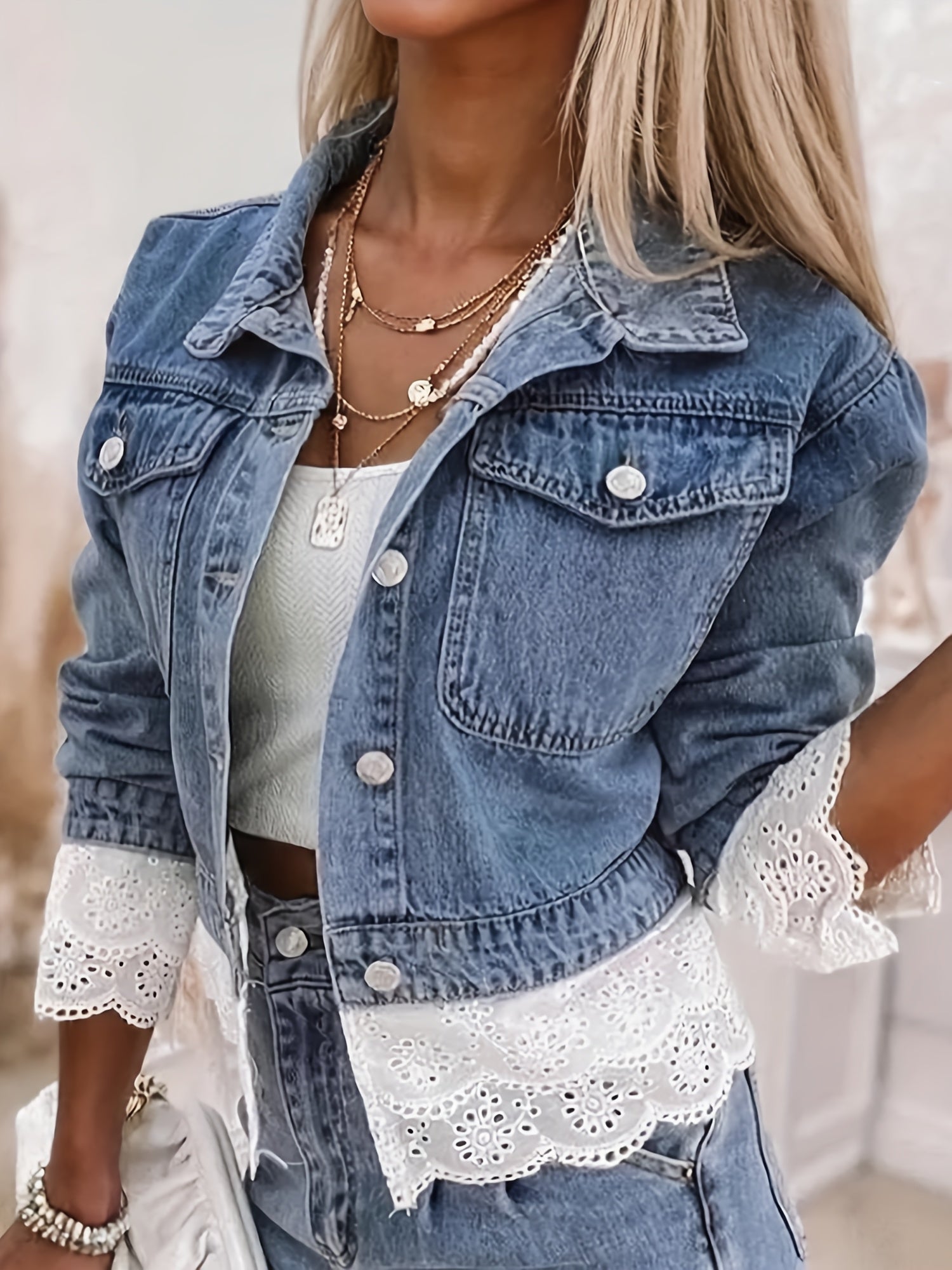 Women's Cropped Denim Single-Breasted Jacket – Blue detail view