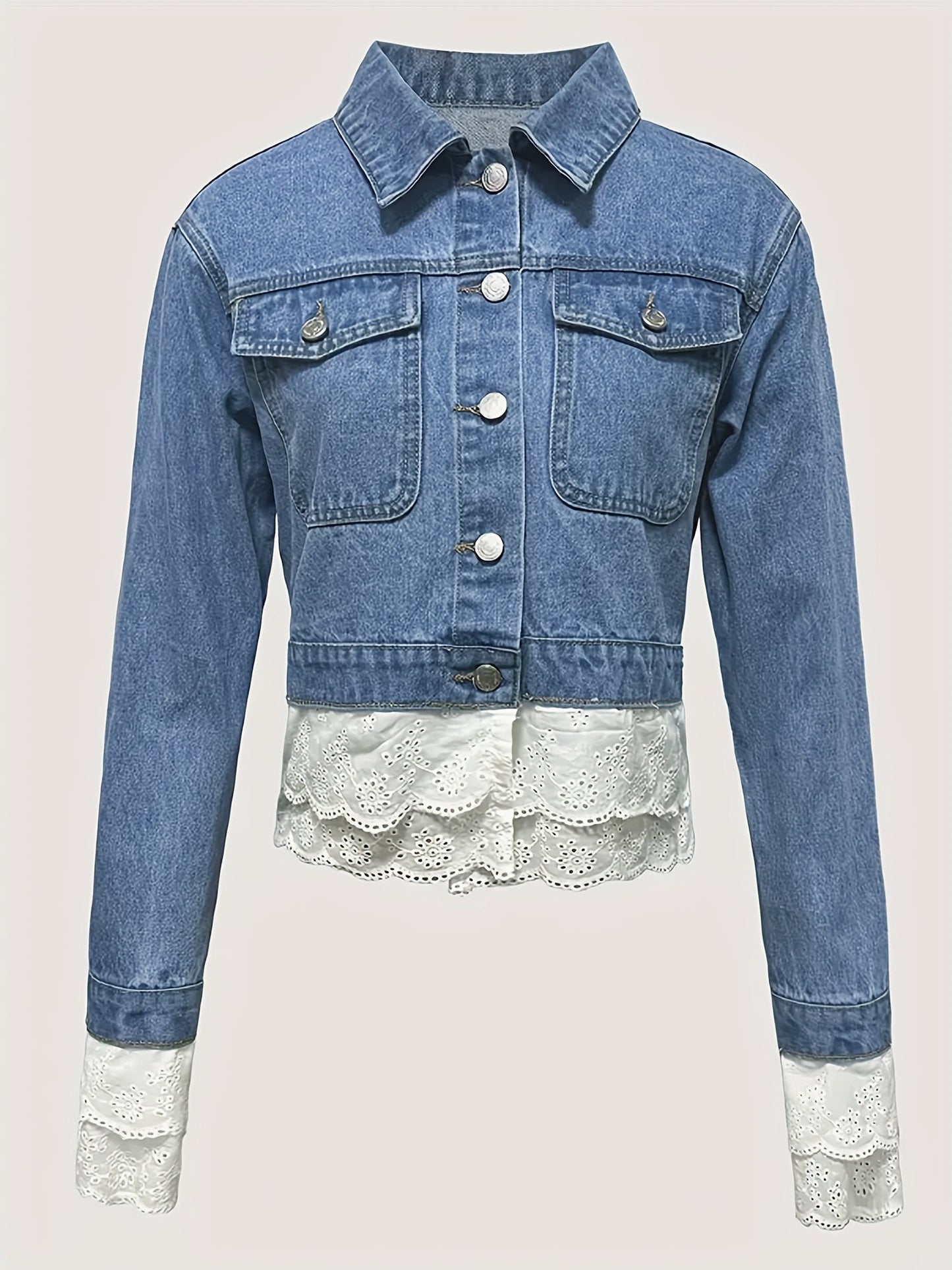 Women's Cropped Denim Single-Breasted Jacket – Blue detail view