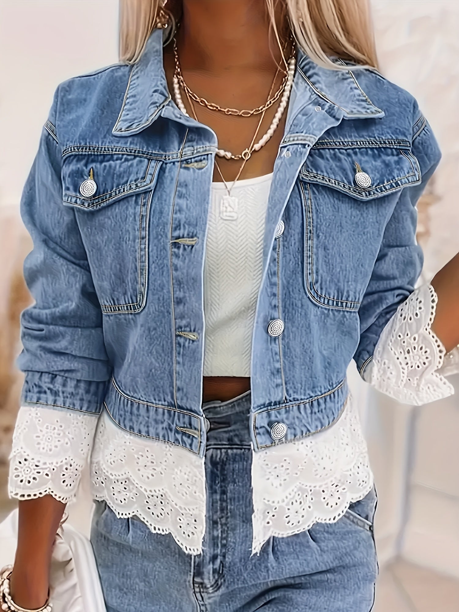 Women's Cropped Denim Single-Breasted Jacket – Blue – Blue option – main product image