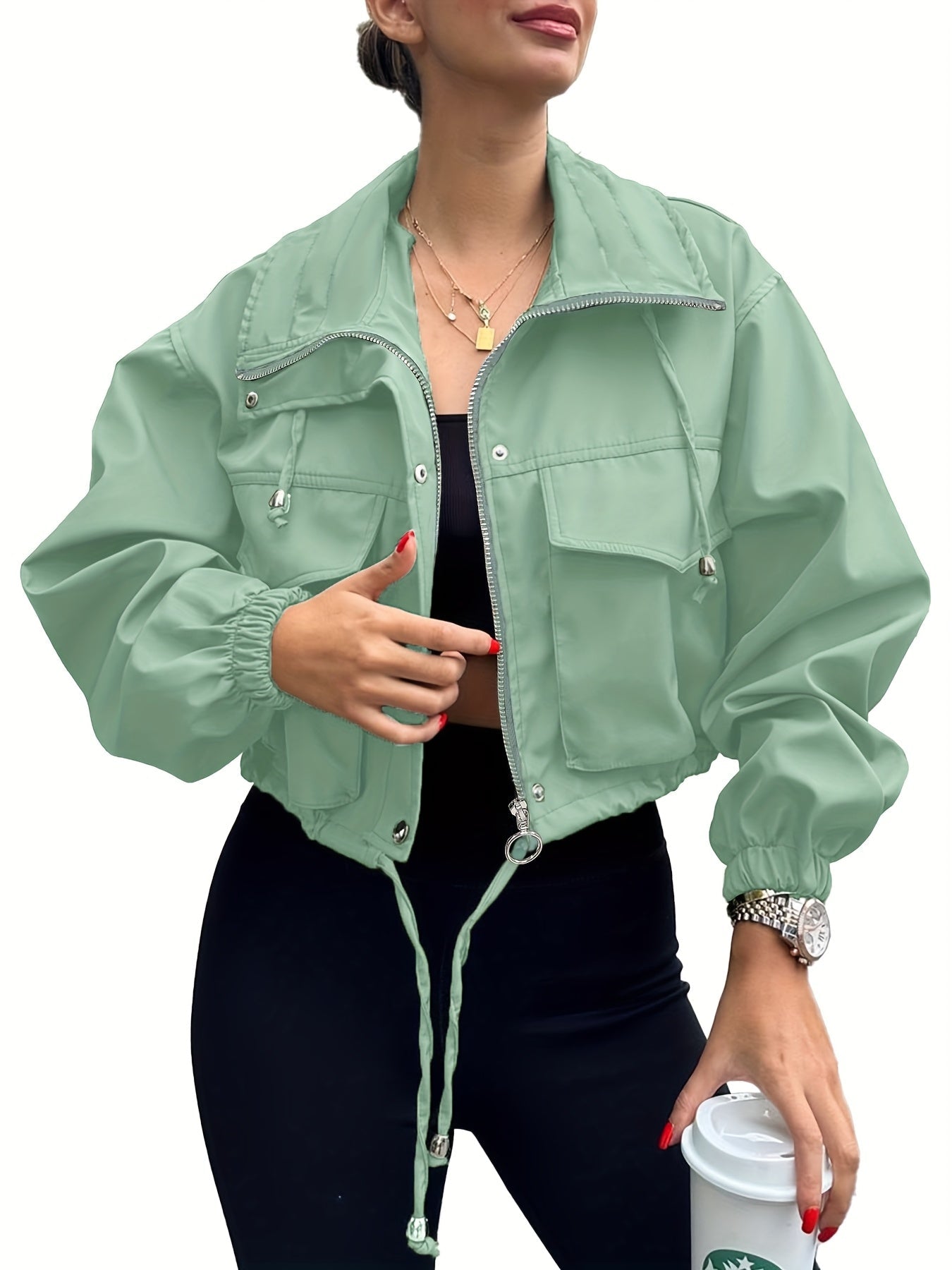 Women's Cropped Denim Zip-Up Jacket detail view