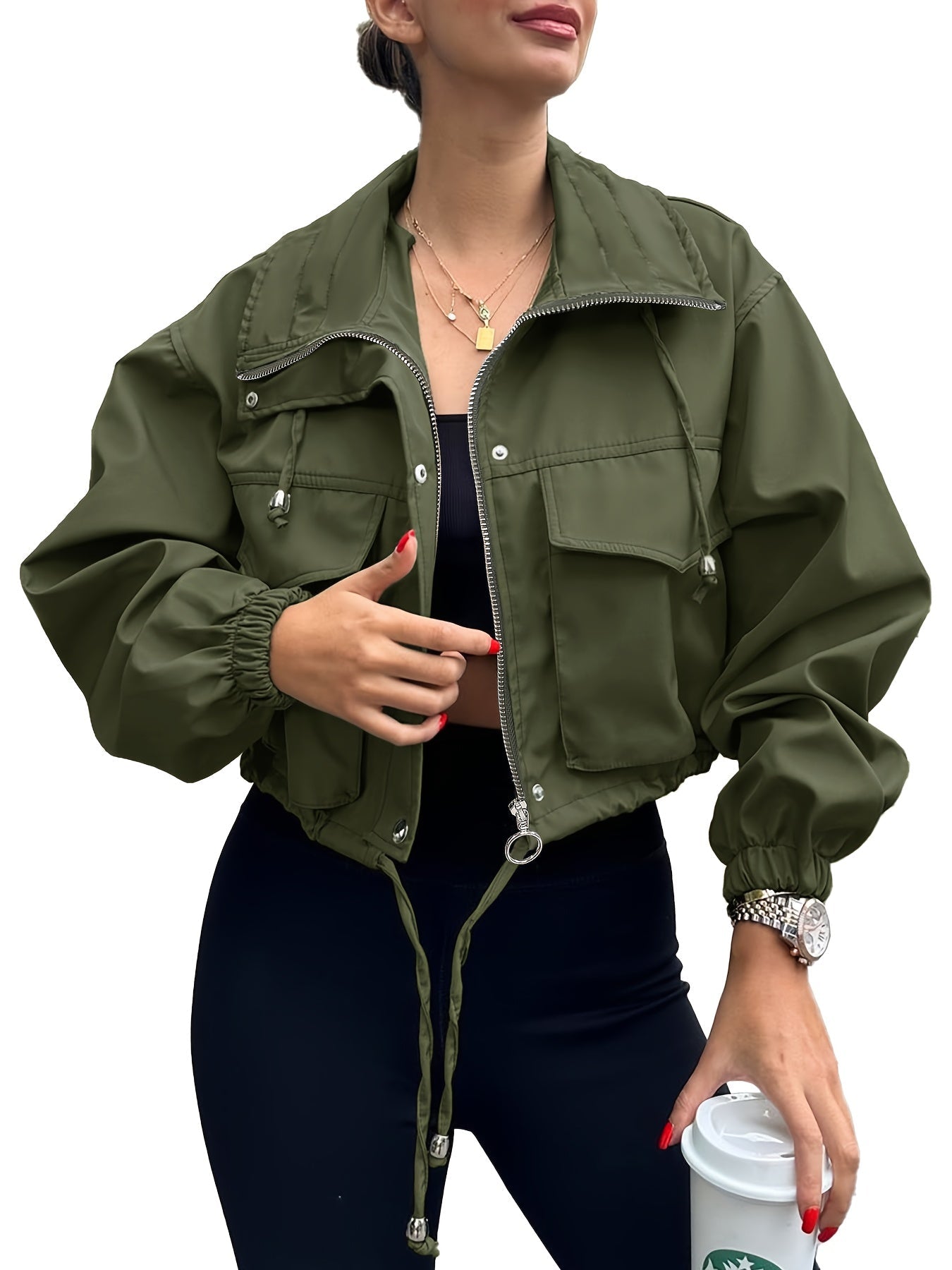 Women's Cropped Denim Zip-Up Jacket – green option – view 4