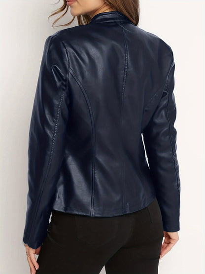 Women's Cropped Faux Leather Pullover Jacket – Black / Blue detail view