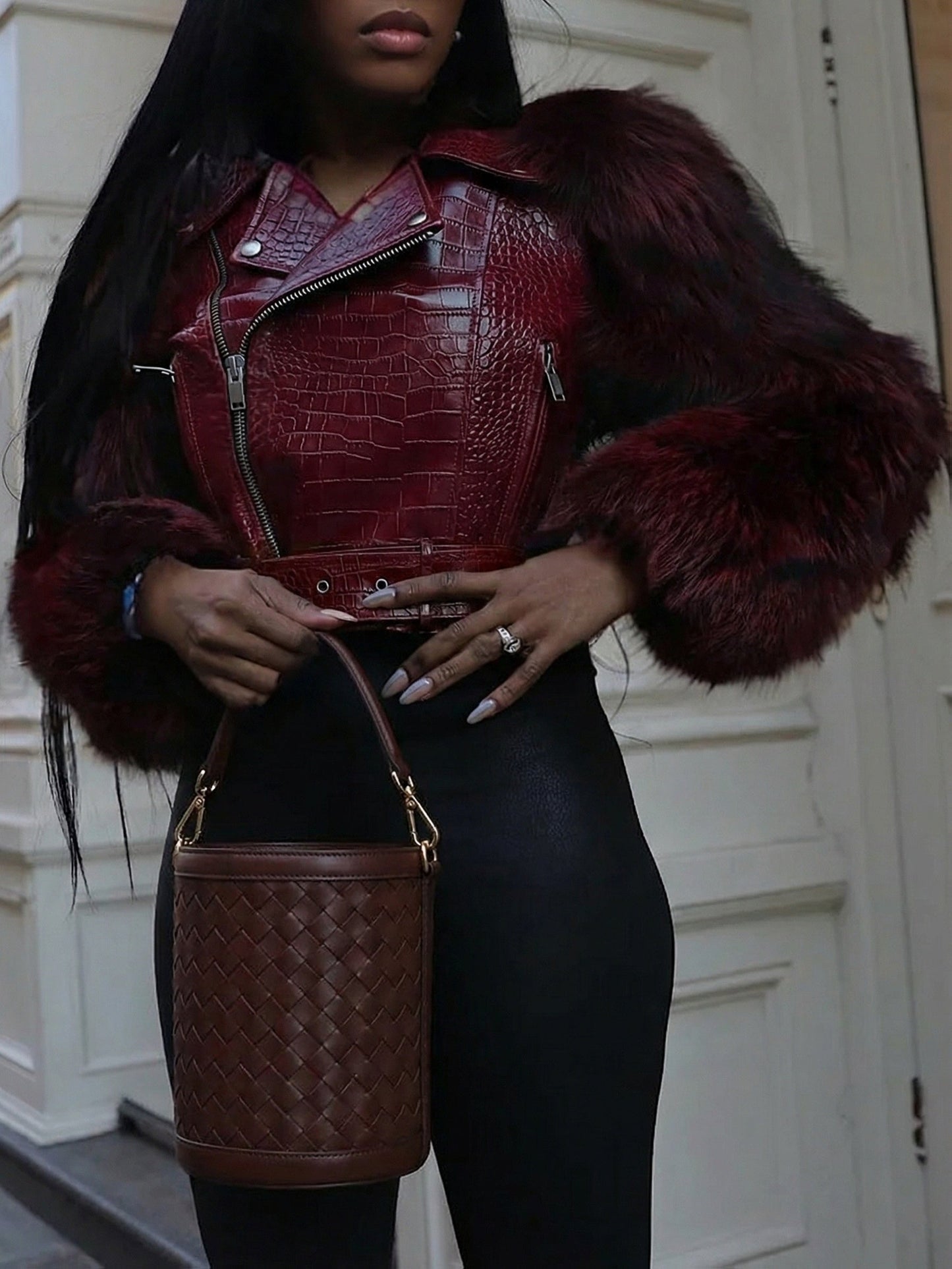 Women's Cropped Faux Leather Pullover Jacket – Black / Coffee Brown detail view