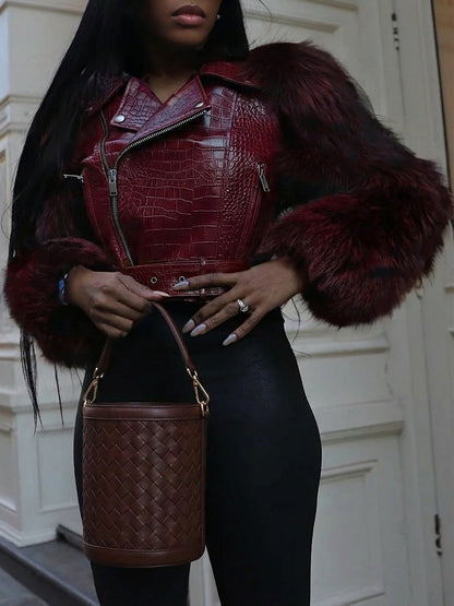 Women's Cropped Faux Leather Pullover Jacket – Black / Coffee Brown detail view