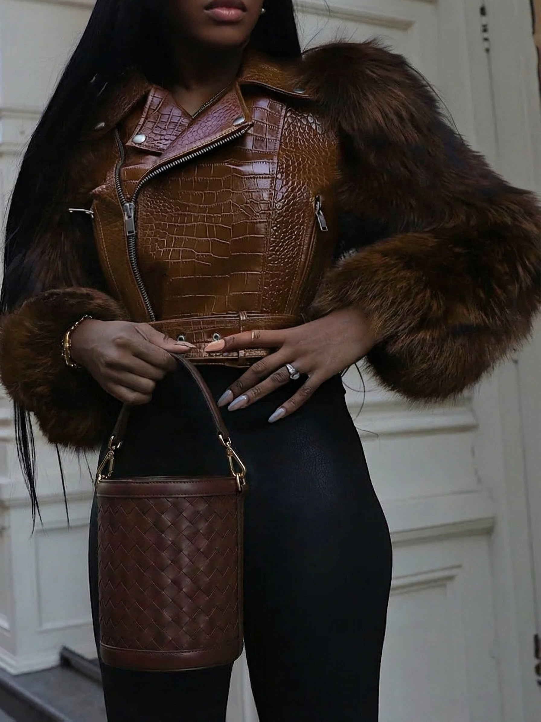 Women's Cropped Faux Leather Pullover Jacket – Black / Coffee Brown detail view