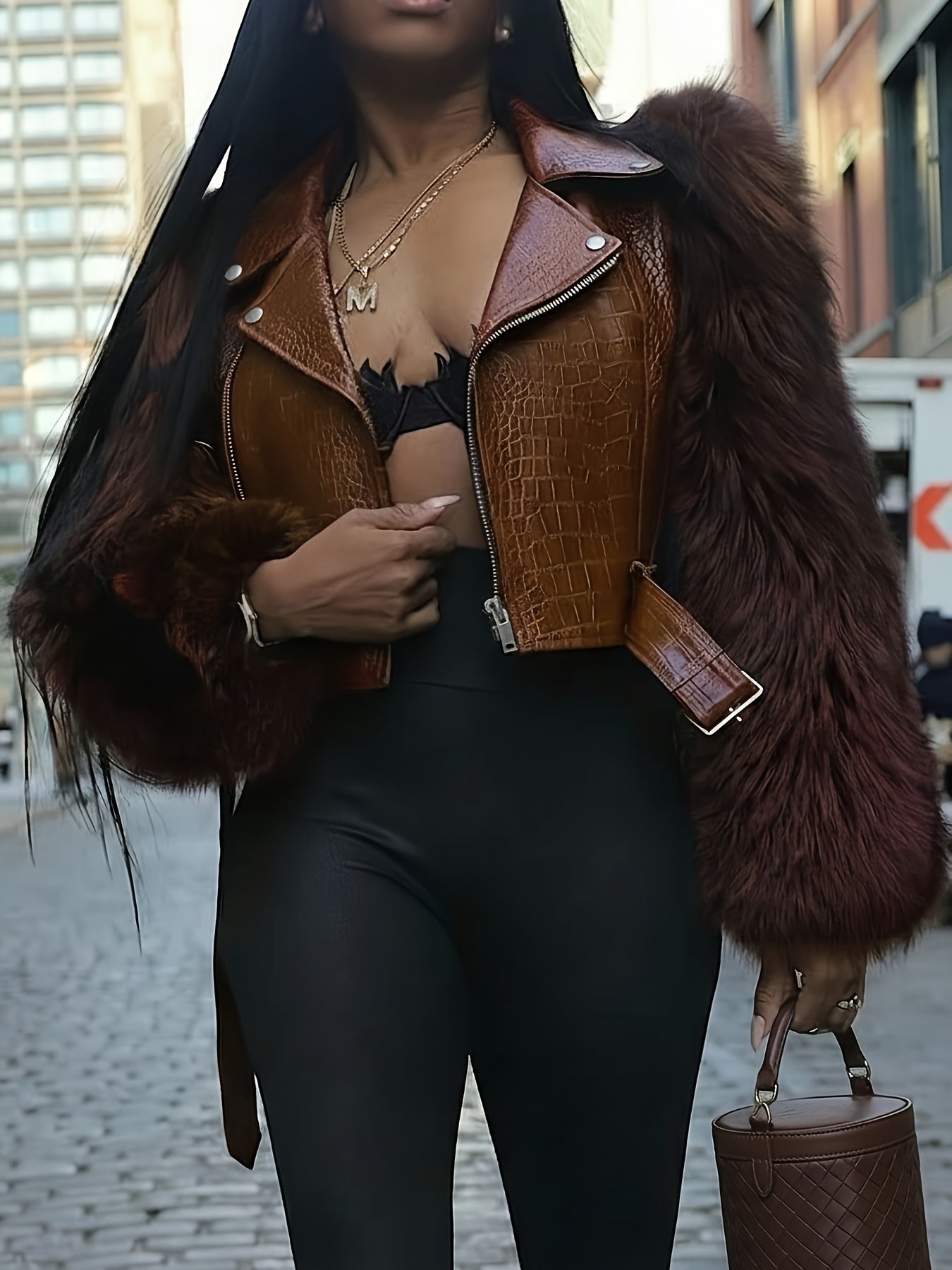 Women's Cropped Faux Leather Pullover Jacket – Black / Coffee Brown – Black option – view 2