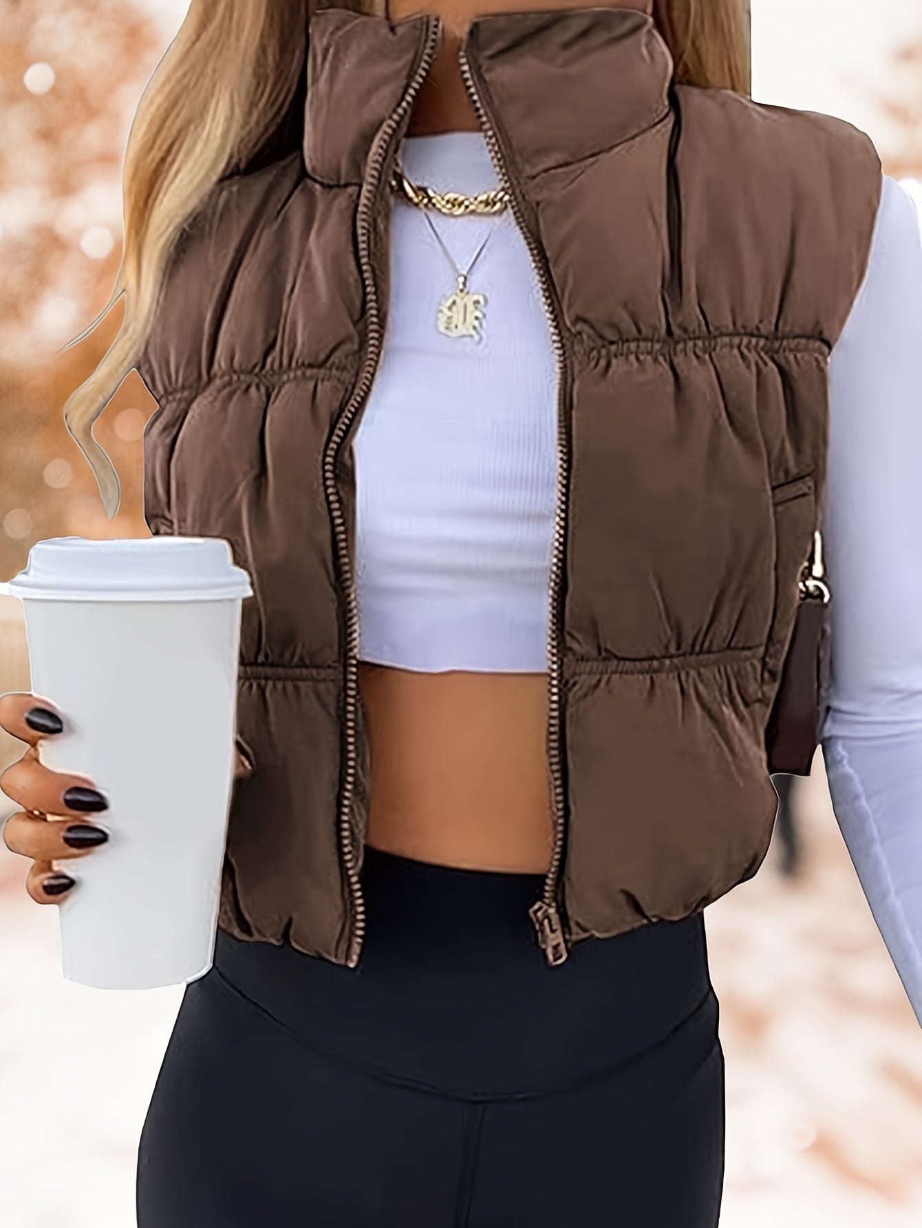 Women's Cropped Puffer Vest - Zip-Up Stand Collar detail view