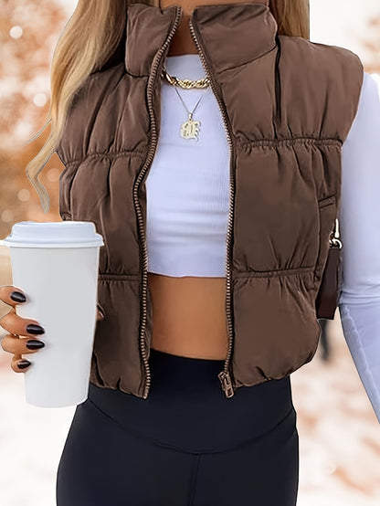 Women's Cropped Puffer Vest - Zip-Up Stand Collar detail view
