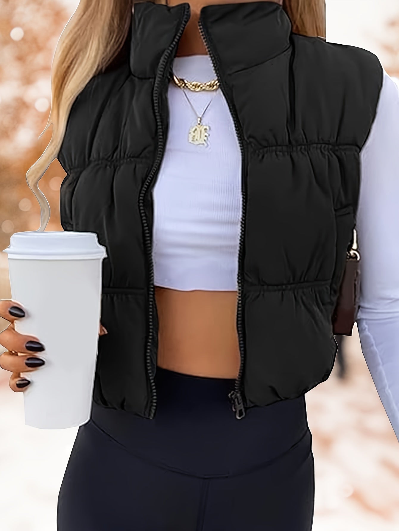 Women's Cropped Puffer Vest - Zip-Up Stand Collar detail view