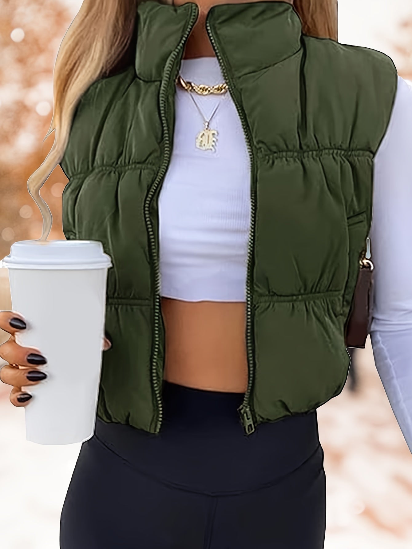 Women's Cropped Puffer Vest - Zip-Up Stand Collar detail view