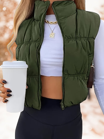 Women's Cropped Puffer Vest - Zip-Up Stand Collar detail view