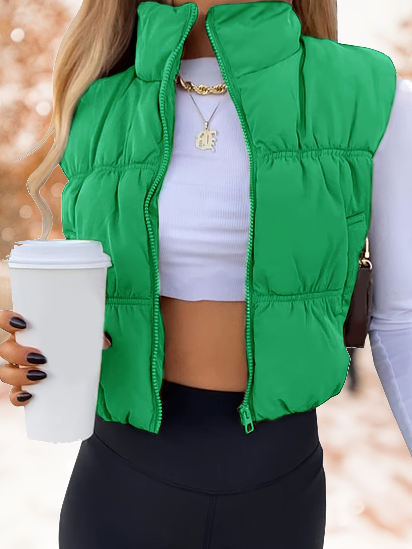 Women's Cropped Puffer Vest - Zip-Up Stand Collar detail view