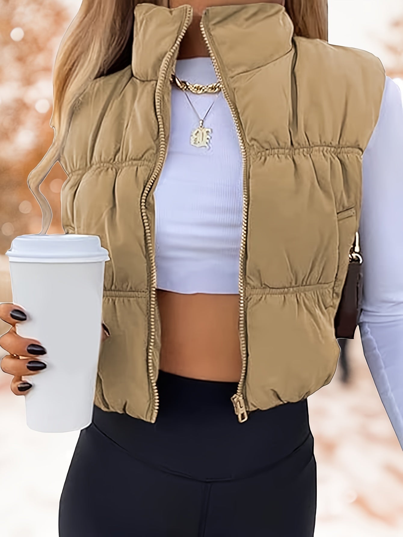 Women's Cropped Puffer Vest - Zip-Up Stand Collar – Khaki option – view 2