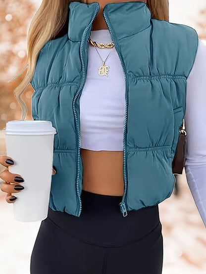 Women's Cropped Puffer Vest - Zip-Up Stand Collar – Khaki option – view 4