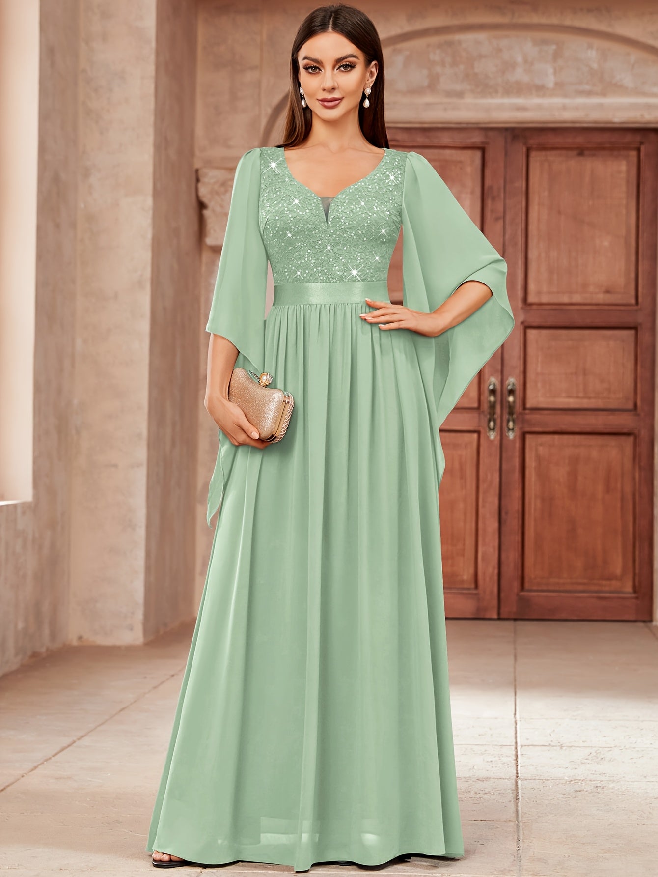 Women's Dark Green Lace Maxi A-Line Dress - Pleated detail view