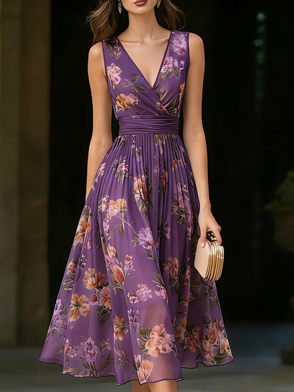 Women's Dark Violet Floral Midi A-Line Dress - Sleeveless detail view