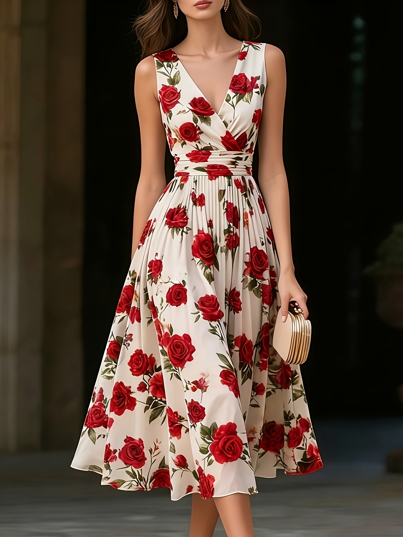 Women's Dark Violet Floral Midi A-Line Dress - Sleeveless detail view