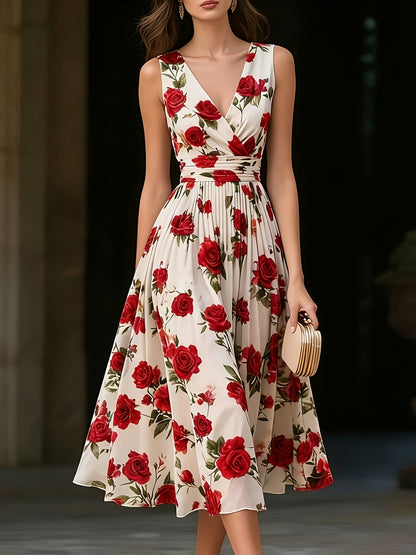 Women's Dark Violet Floral Midi A-Line Dress - Sleeveless detail view