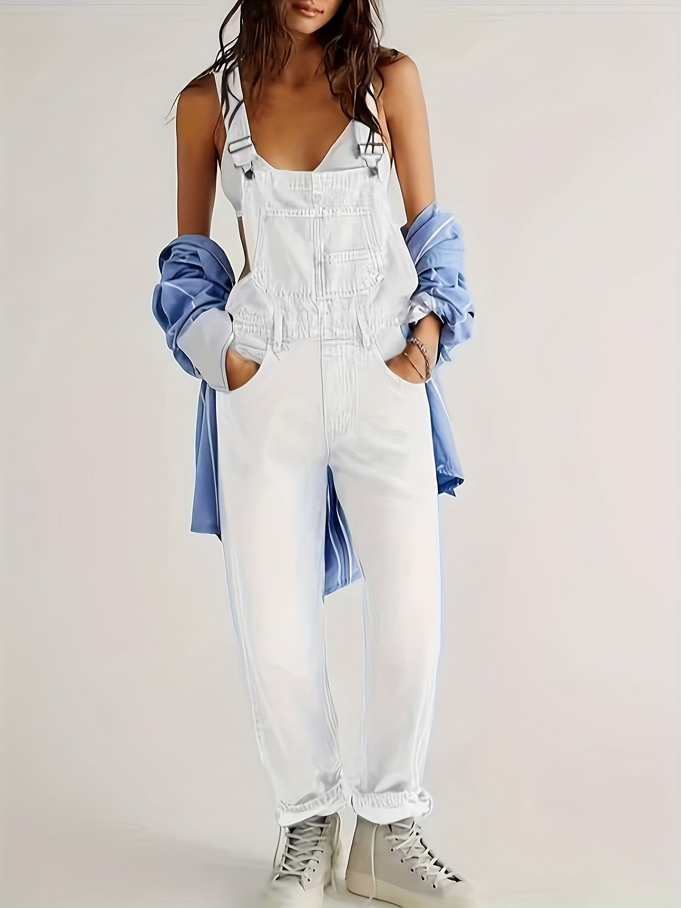 Women's Denim Jumpsuit - Full Length Pocket Detail detail view