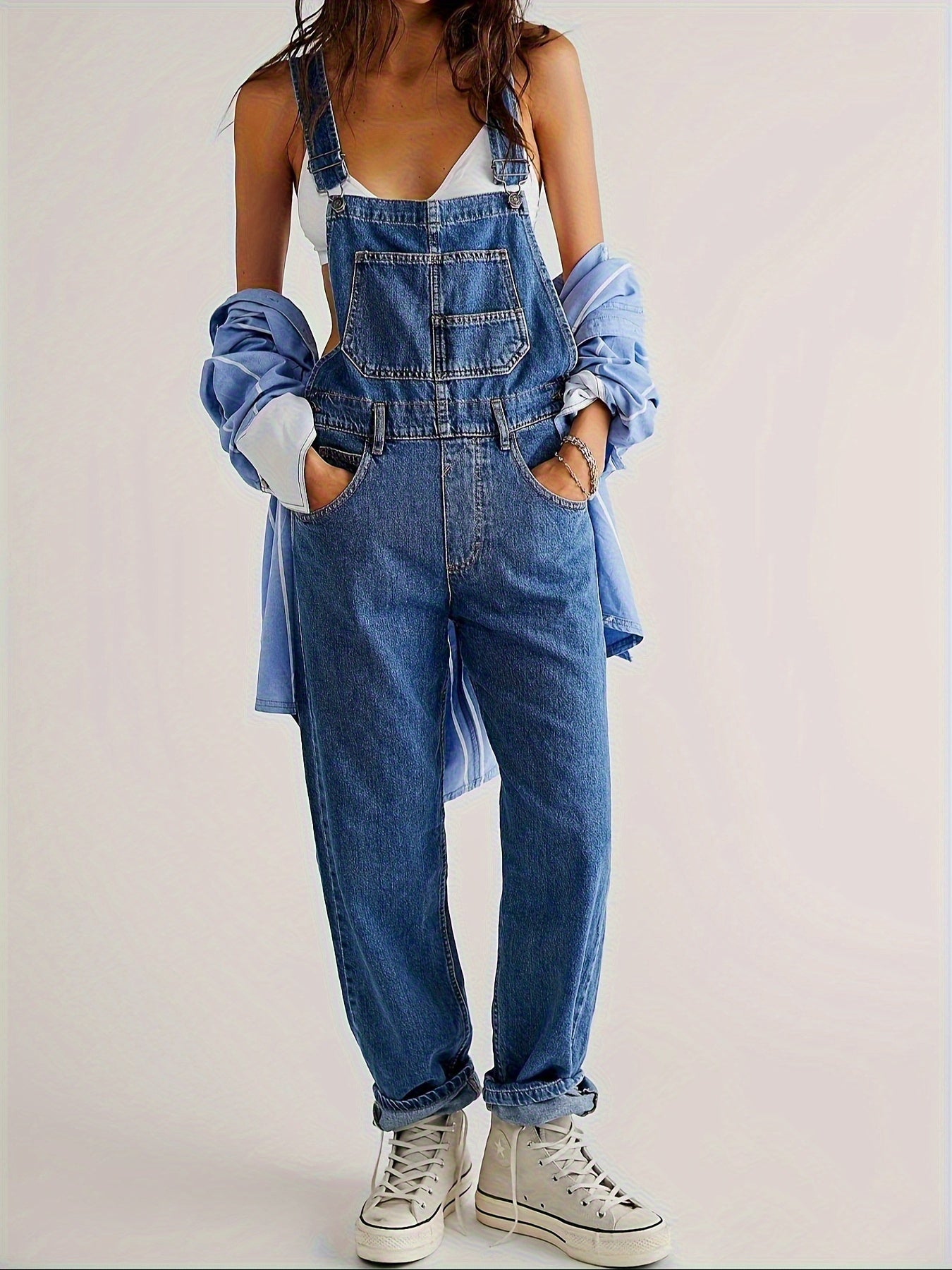 Women's Denim Jumpsuit - Full Length Pocket Detail detail view