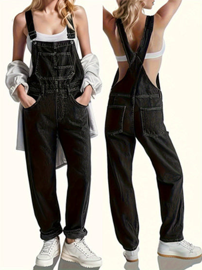 Women's Denim Jumpsuit - Full Length Pocket Detail – Black option – main product image