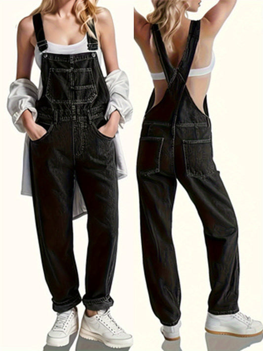Women's Denim Jumpsuit - Full Length Pocket Detail – Black option – main product image