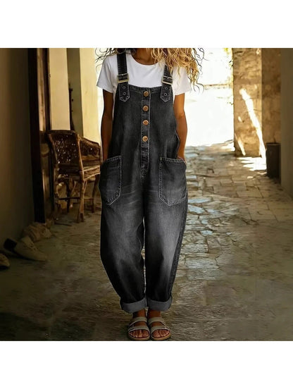 Women's Denim Jumpsuit - V-Neck Full Length detail view