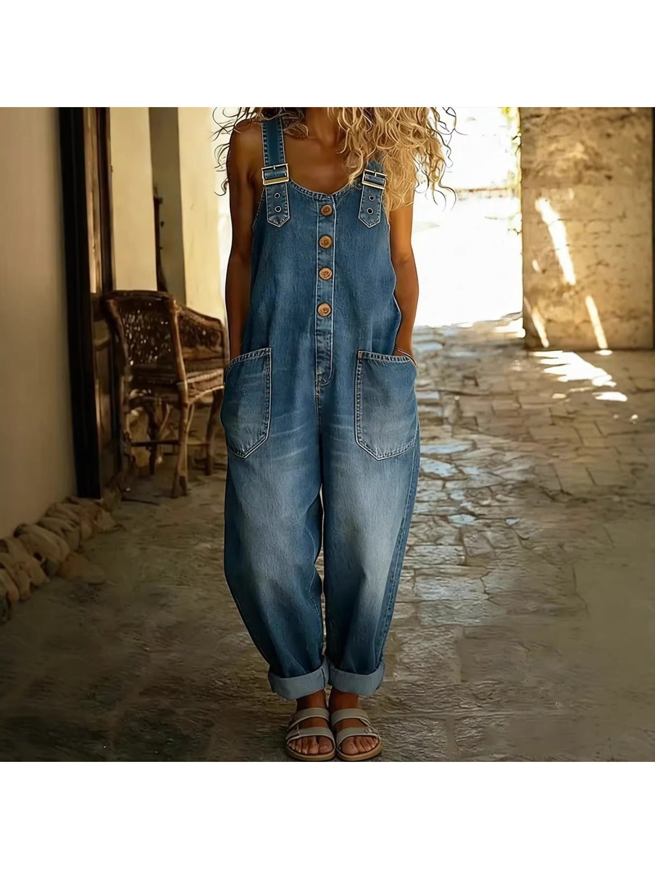 Women's Denim Jumpsuit - V-Neck Full Length detail view