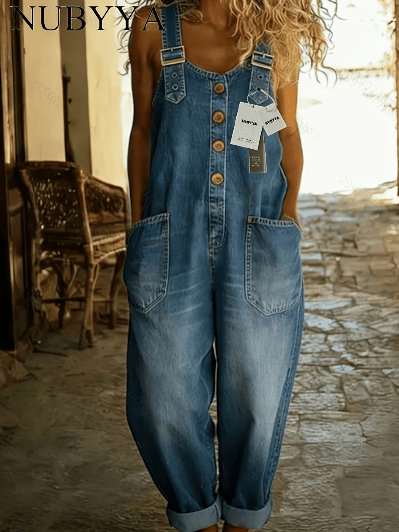 Women's Denim Jumpsuit - V-Neck Full Length detail view