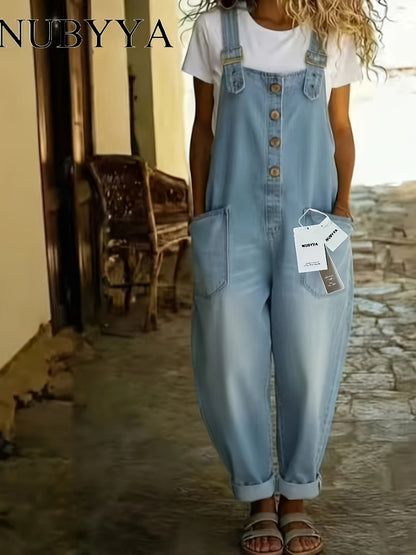 Women's Denim Jumpsuit - V-Neck Full Length – Blue option – view 2