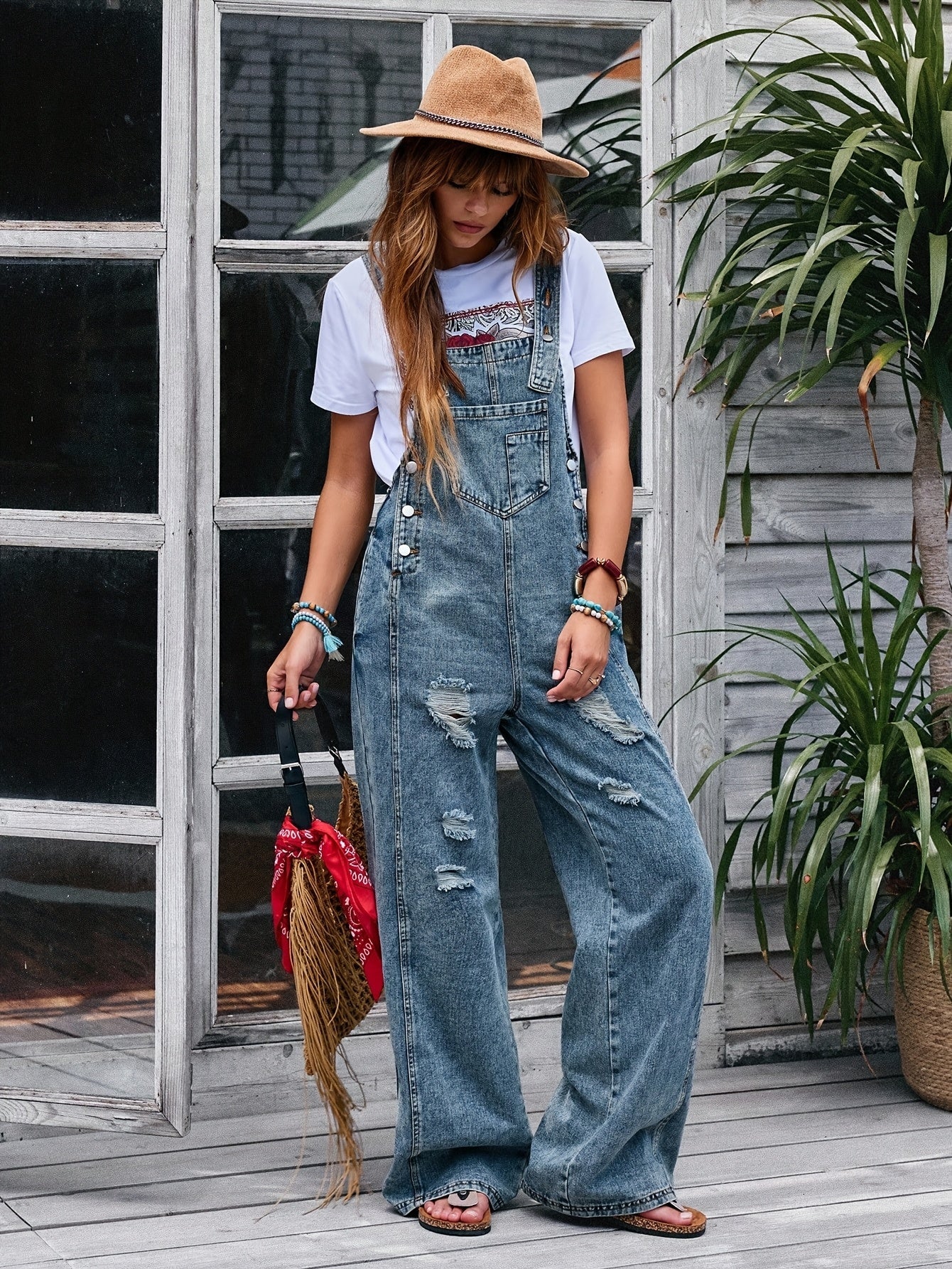 Women's Denim Jumpsuit - Wide Leg Pocket Detail detail view