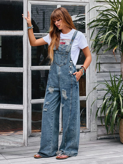 Women's Denim Jumpsuit - Wide Leg Pocket Detail detail view